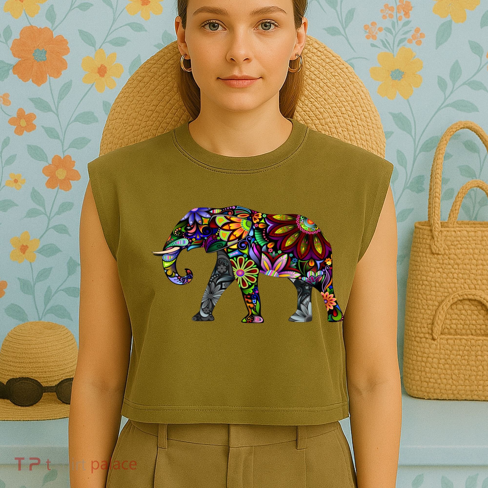 Cheerful Elephant Garment-Dyed Women's Muscle Tee