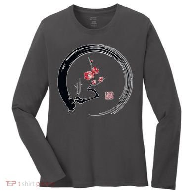 Cherry Blossom Japanese Ink Painting Women's Long Sleeve Shirt