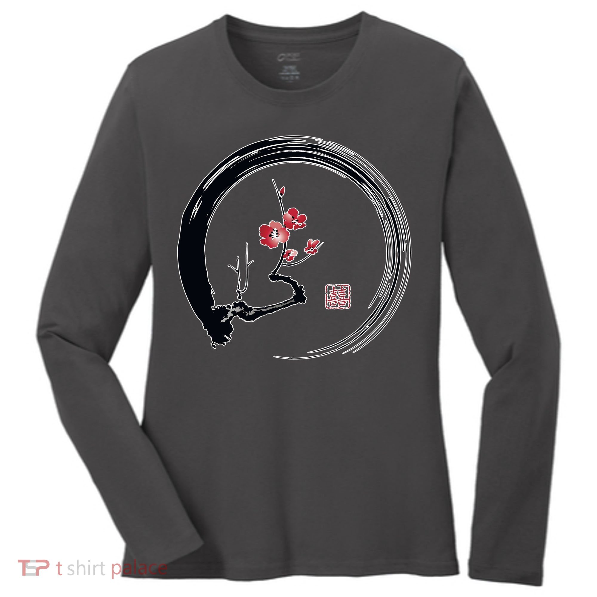 Cherry Blossom Japanese Ink Painting Women's Long Sleeve Shirt