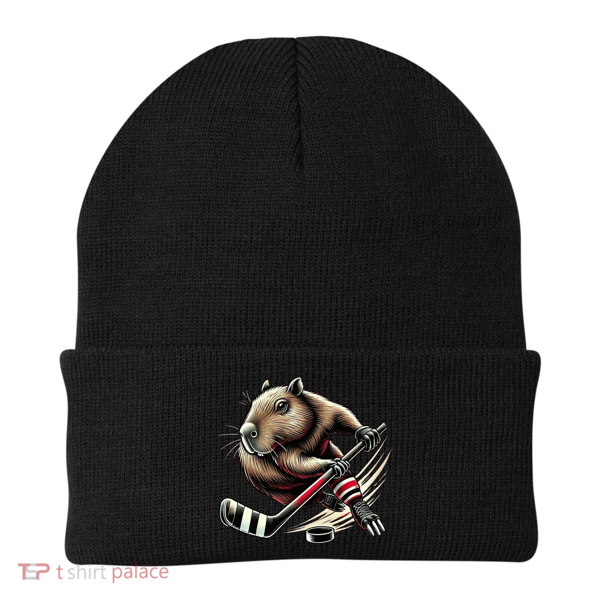 Capybara Hockey Funny Ice Hockey Player Gift Beanie