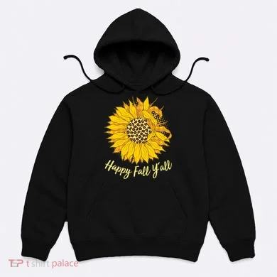 Cute Happy Fall Y'all Leopard Pattern Sunflower Hoodie