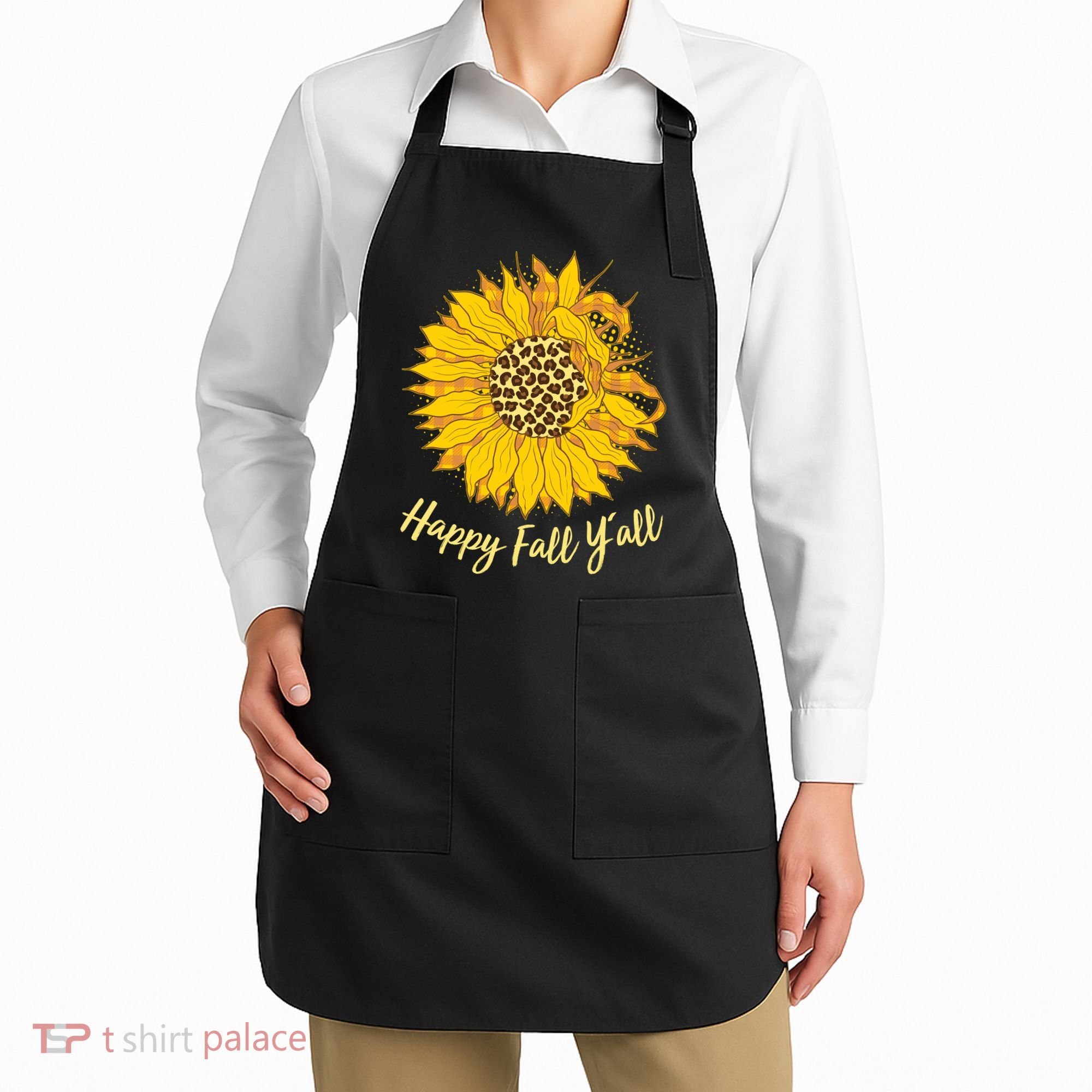Cute Happy Fall Y'all Leopard Pattern Sunflower Apron
