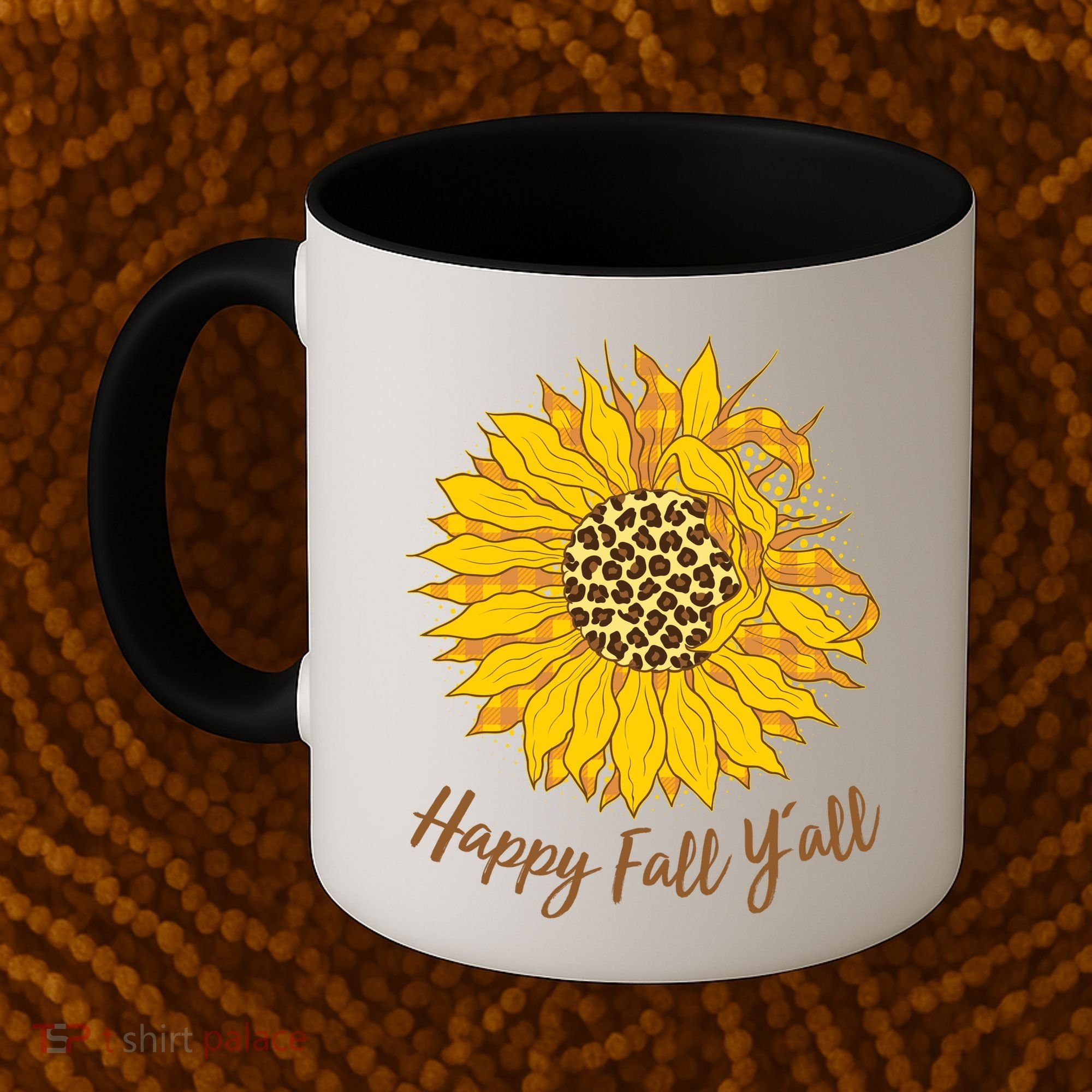 Cute Happy Fall Y'all Leopard Pattern Sunflower Coffee Mug