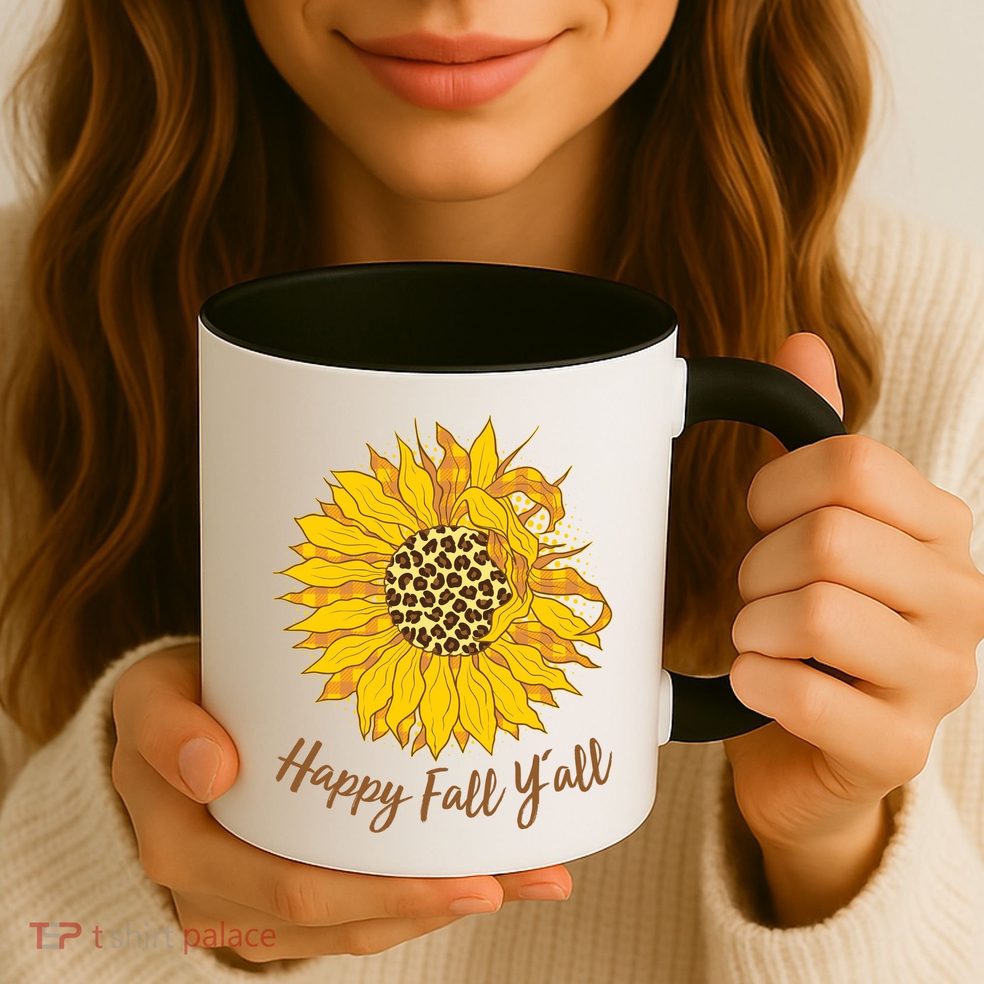 Cute Happy Fall Y'all Leopard Pattern Sunflower Coffee Mug