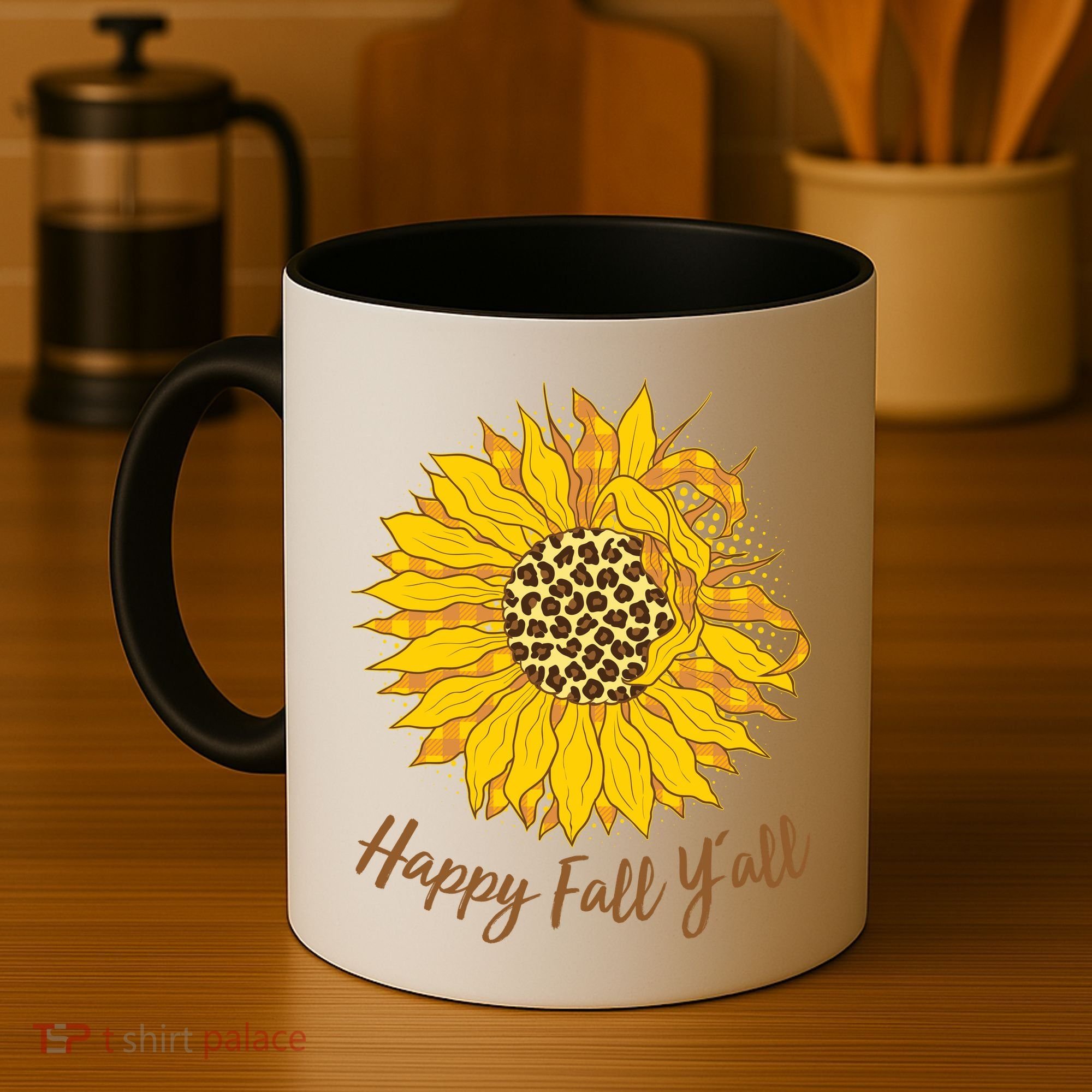 Cute Happy Fall Y'all Leopard Pattern Sunflower Coffee Mug