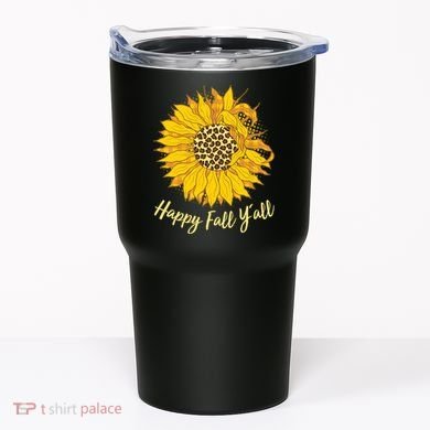 Cute Happy Fall Y'all Leopard Pattern Sunflower Tumbler