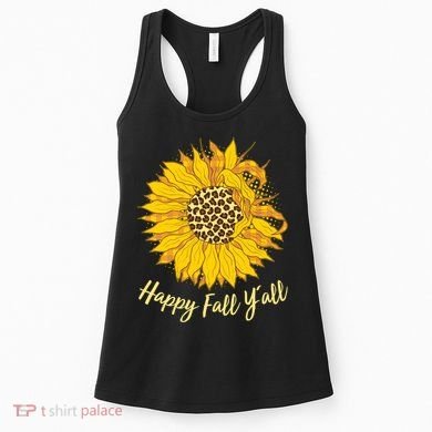 Cute Happy Fall Y'all Leopard Pattern Sunflower Women's Tank Top