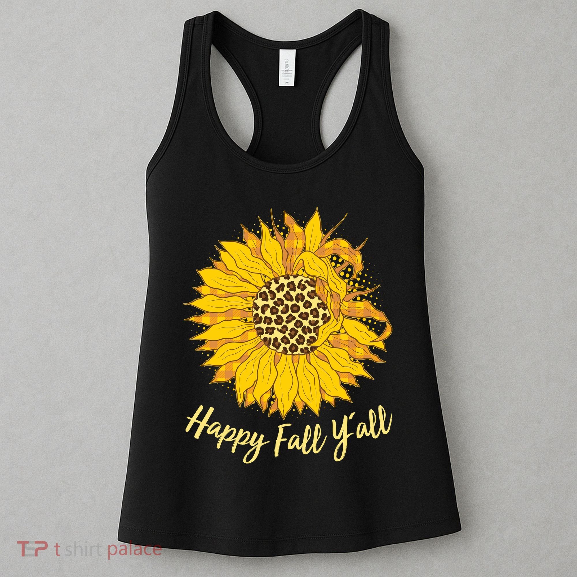 Cute Happy Fall Y'all Leopard Pattern Sunflower Women's Tank Top