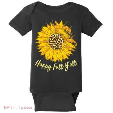 Cute Happy Fall Y'all Leopard Pattern Sunflower Baby Bodysuit