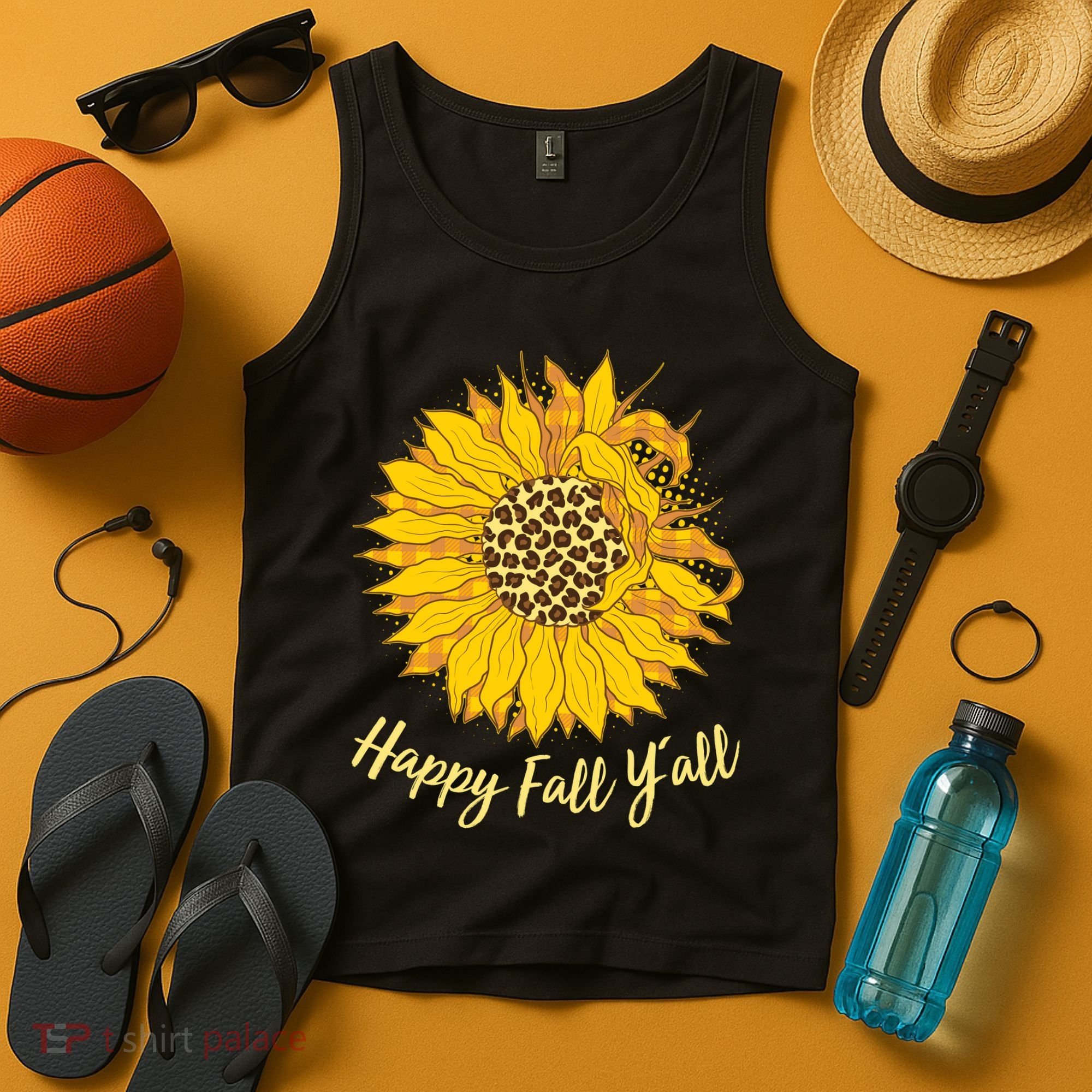 Cute Happy Fall Y'all Leopard Pattern Sunflower Tank Top