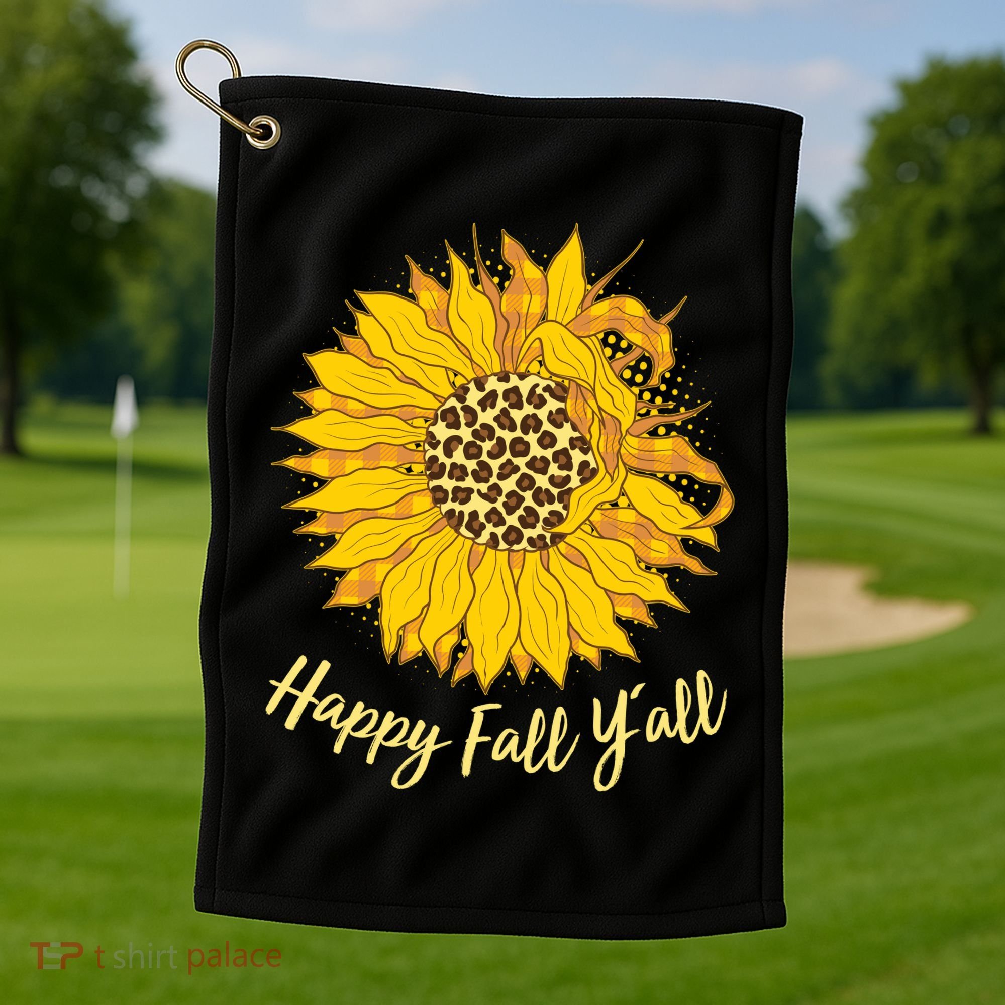 Cute Happy Fall Y'all Leopard Pattern Sunflower Golf Towel