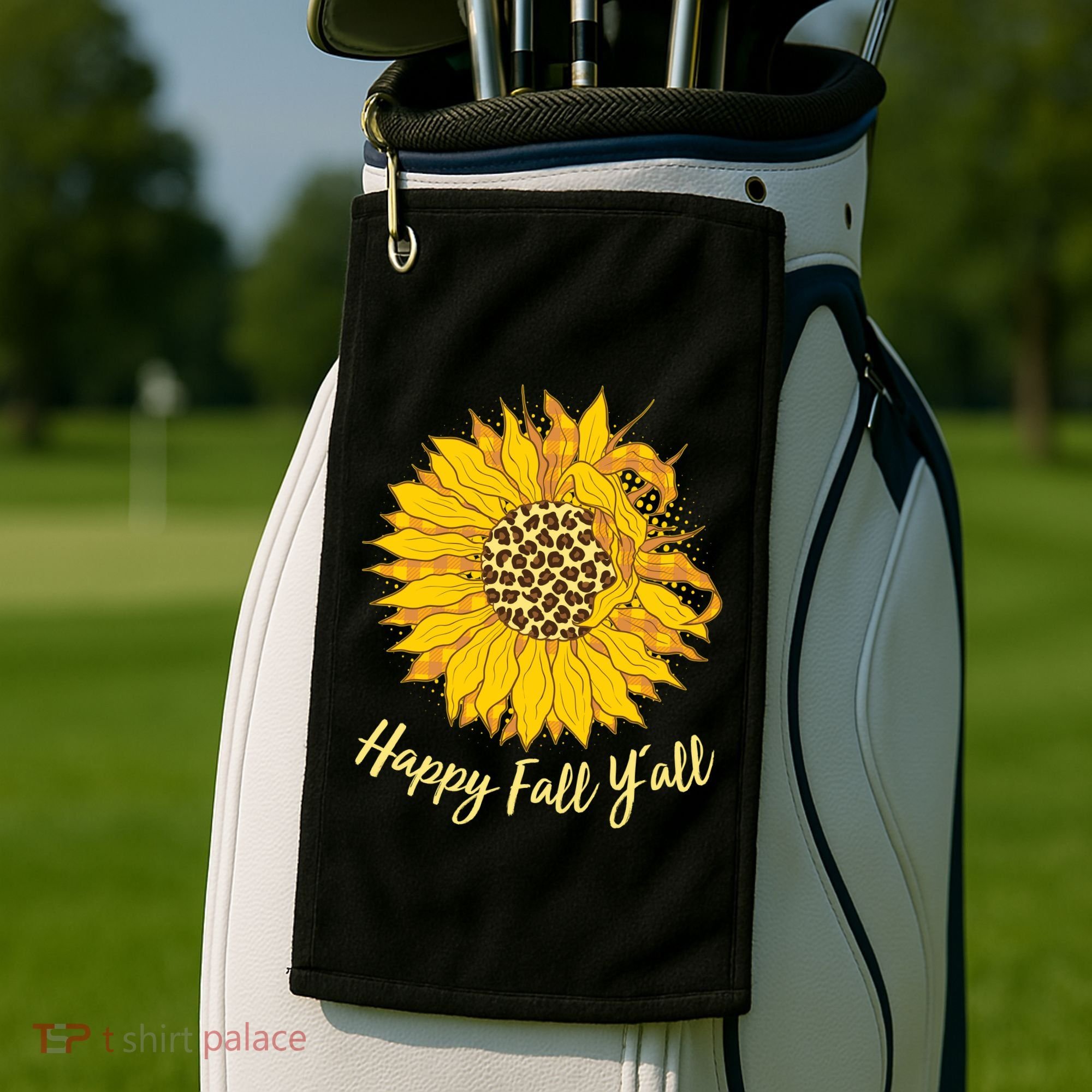 Cute Happy Fall Y'all Leopard Pattern Sunflower Golf Towel