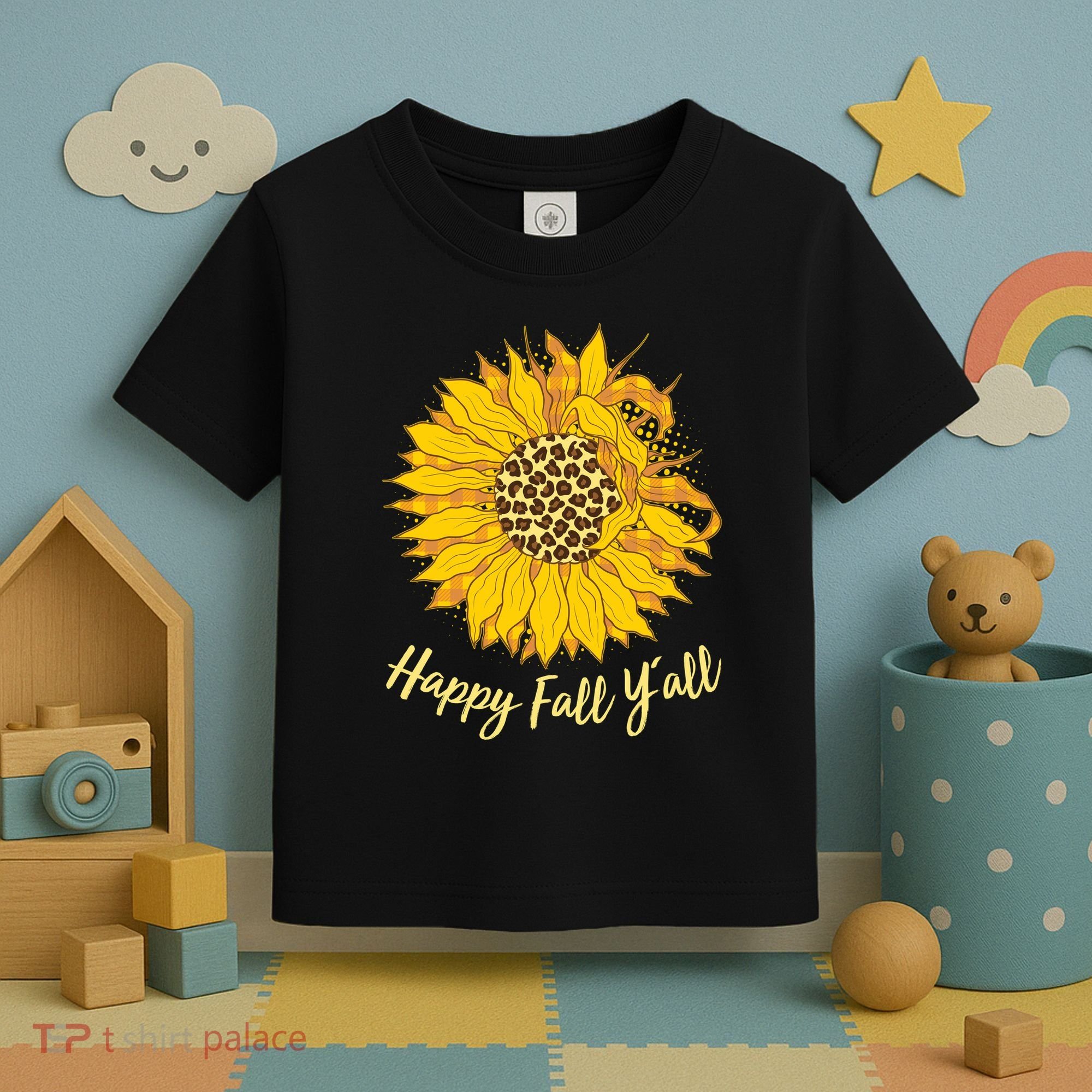 Cute Happy Fall Y'all Leopard Pattern Sunflower Toddler T-Shirt