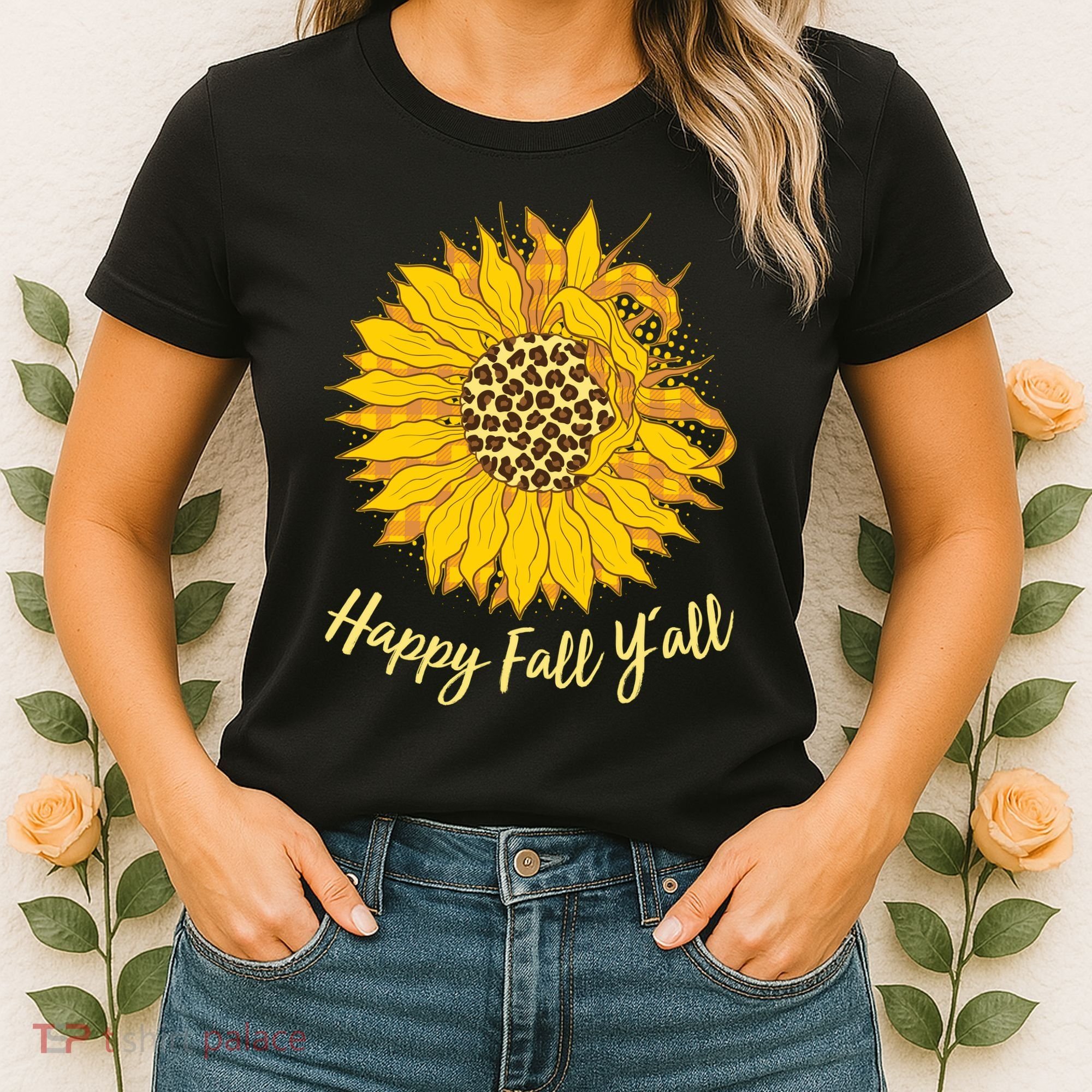 Cute Happy Fall Y'all Leopard Pattern Sunflower Women's T-Shirt