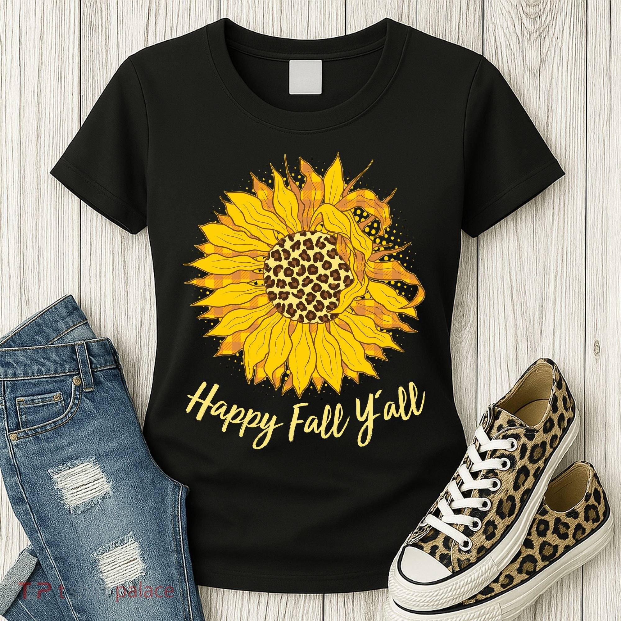 Cute Happy Fall Y'all Leopard Pattern Sunflower Women's T-Shirt