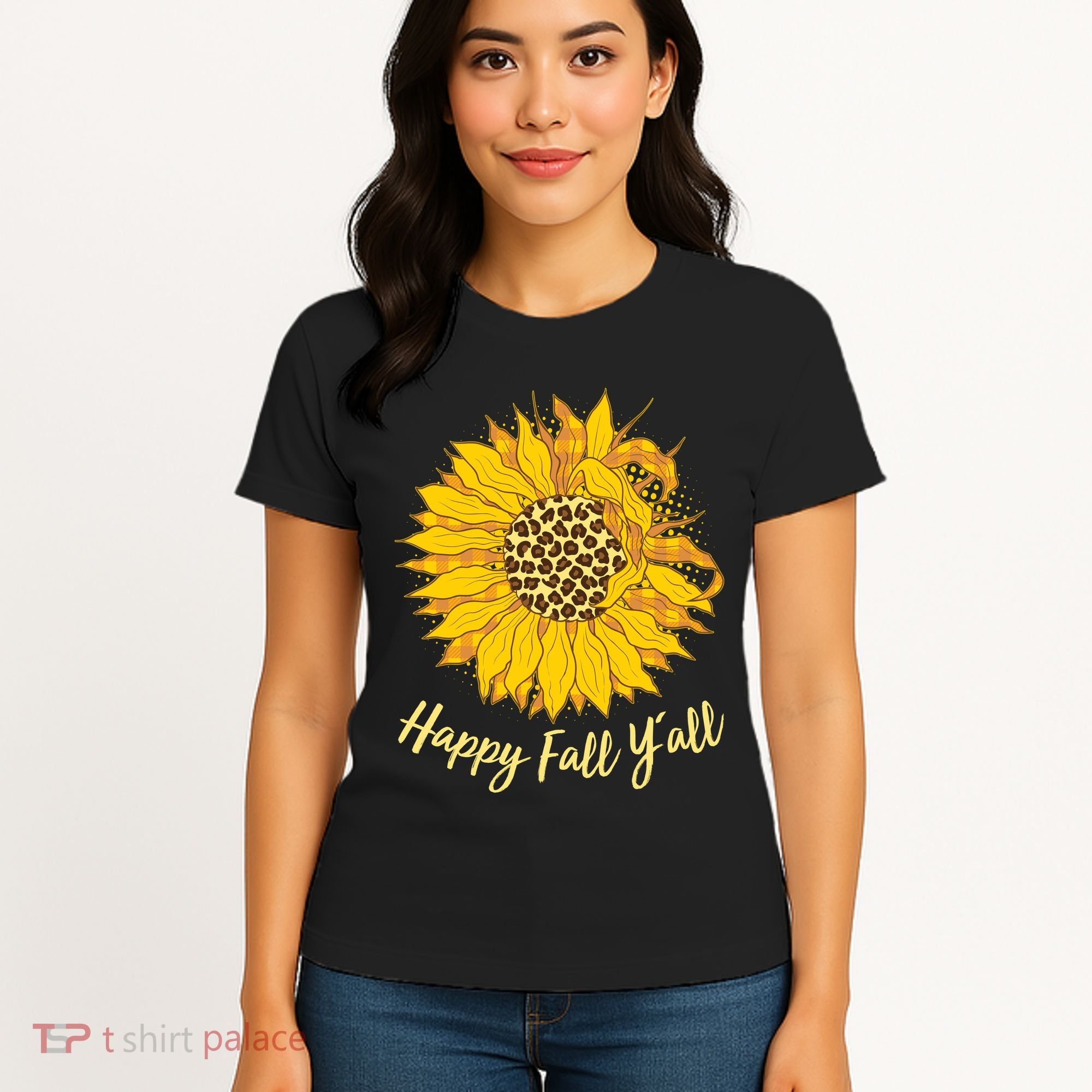 Cute Happy Fall Y'all Leopard Pattern Sunflower Women's T-Shirt