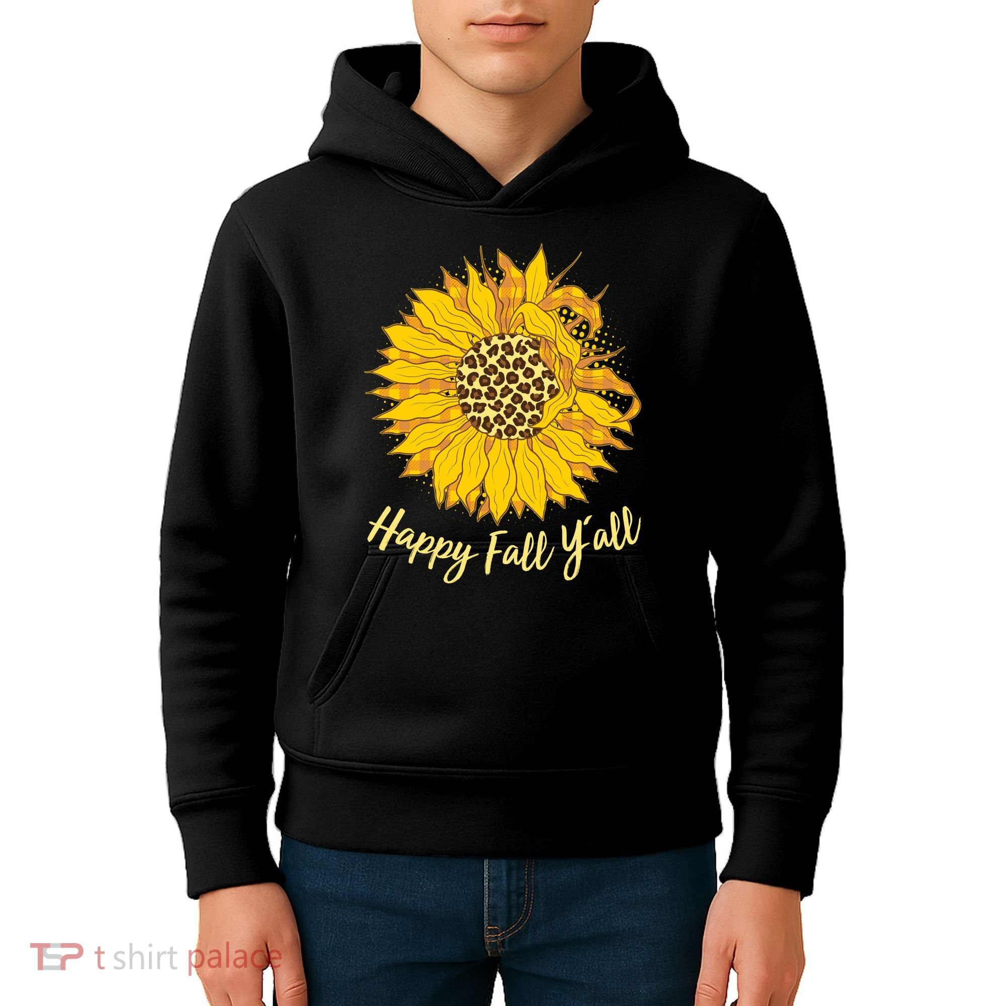 Cute Happy Fall Y'all Leopard Pattern Sunflower Kids Hoodie