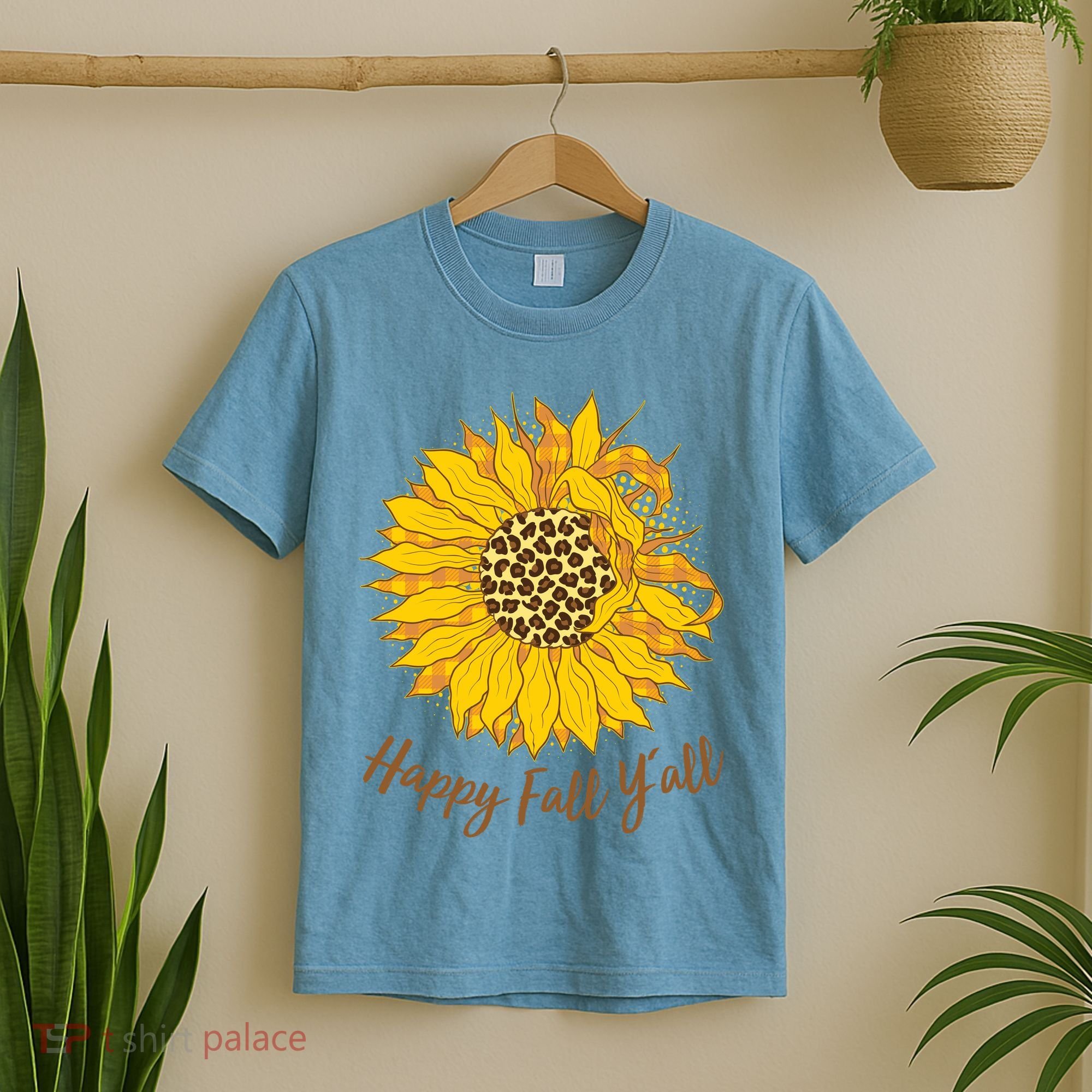 Cute Happy Fall Y'all Leopard Pattern Sunflower T-Shirt