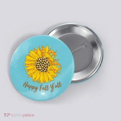 Cute Happy Fall Y'all Leopard Pattern Sunflower Button