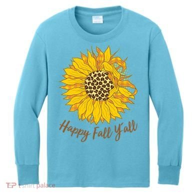 Cute Happy Fall Y'all Leopard Pattern Sunflower Kids Long Sleeve Shirt