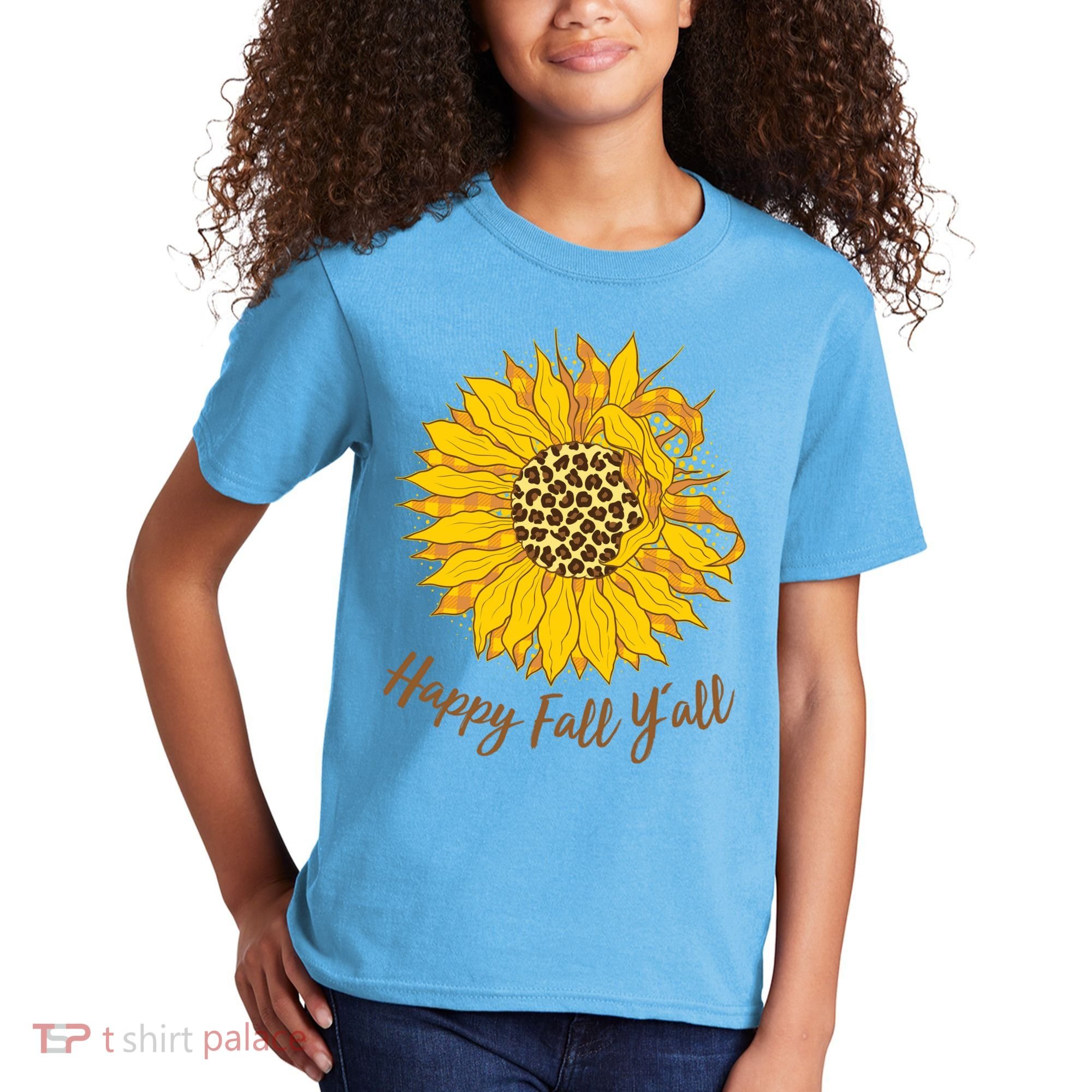 Cute Happy Fall Y'all Leopard Pattern Sunflower Kids T-Shirt