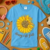 Cute Happy Fall Y'all Leopard Pattern Sunflower Kids T-Shirt thumb 3