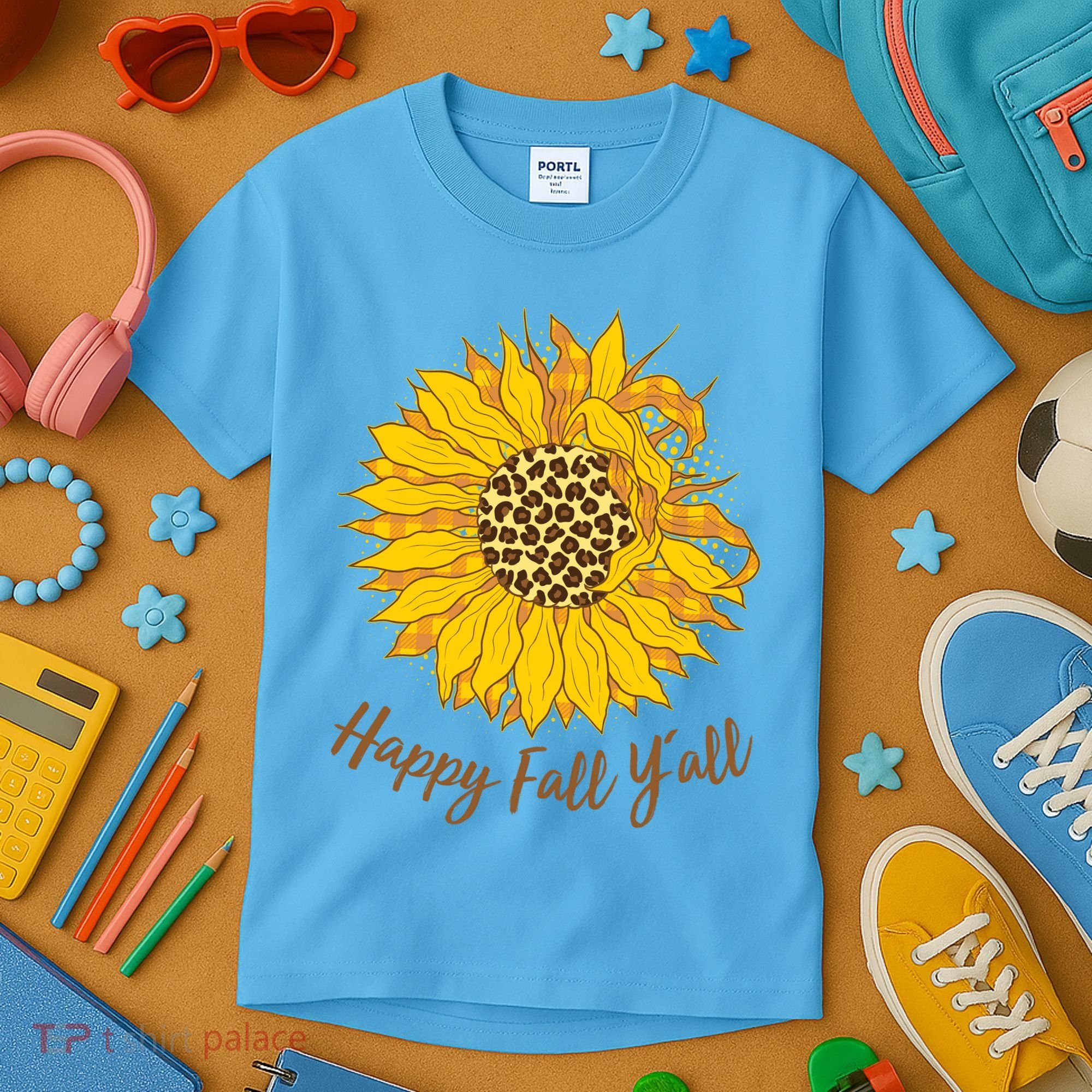Cute Happy Fall Y'all Leopard Pattern Sunflower Kids T-Shirt