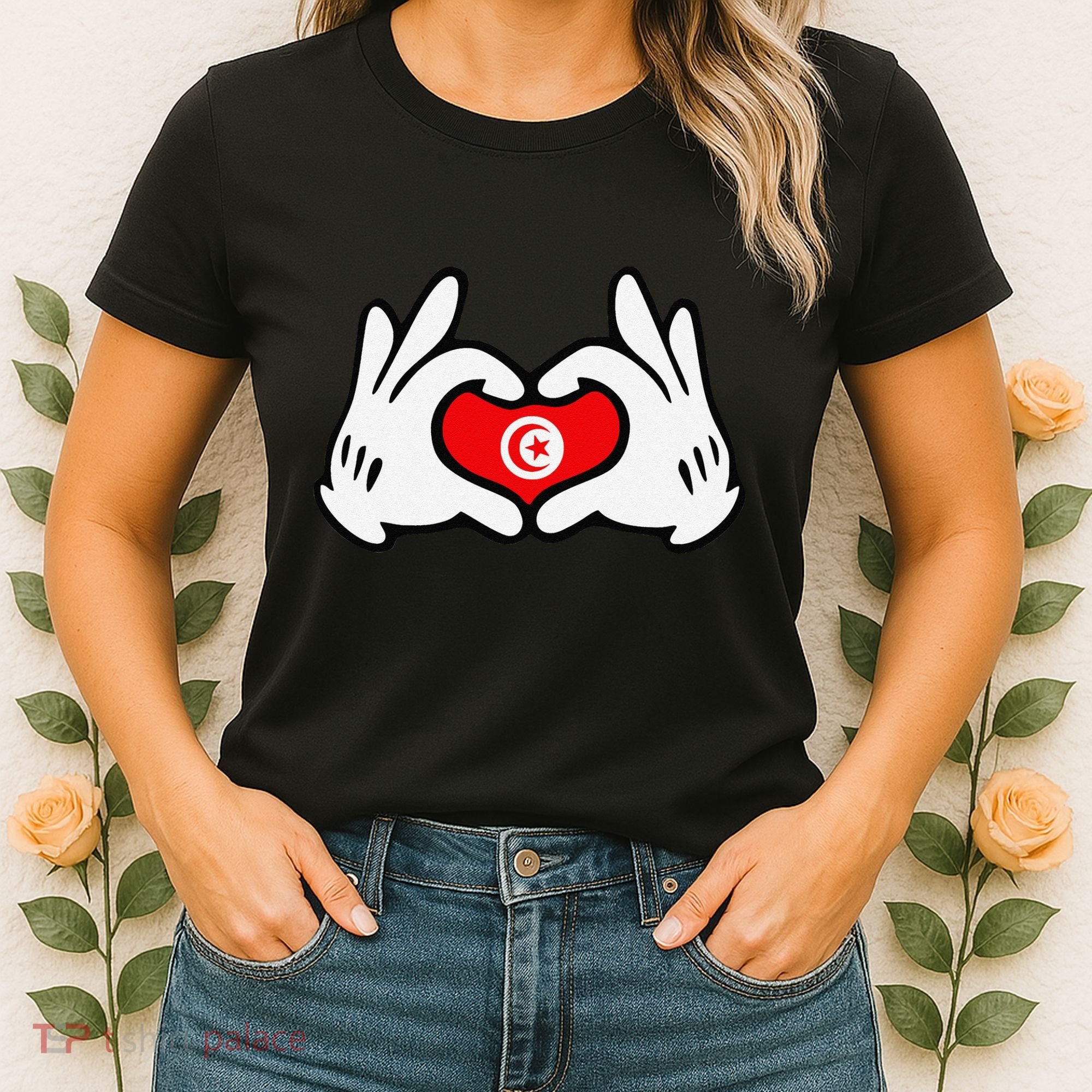 Cartoon Hands Forming Heart Tunisia Flag Women's T-Shirt