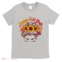 Cute Happy Fall Y'all Woman With Sunflower And Leaves Hair Bun T-Shirt thumb 0