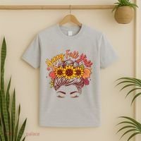 Cute Happy Fall Y'all Woman With Sunflower And Leaves Hair Bun T-Shirt thumb 2