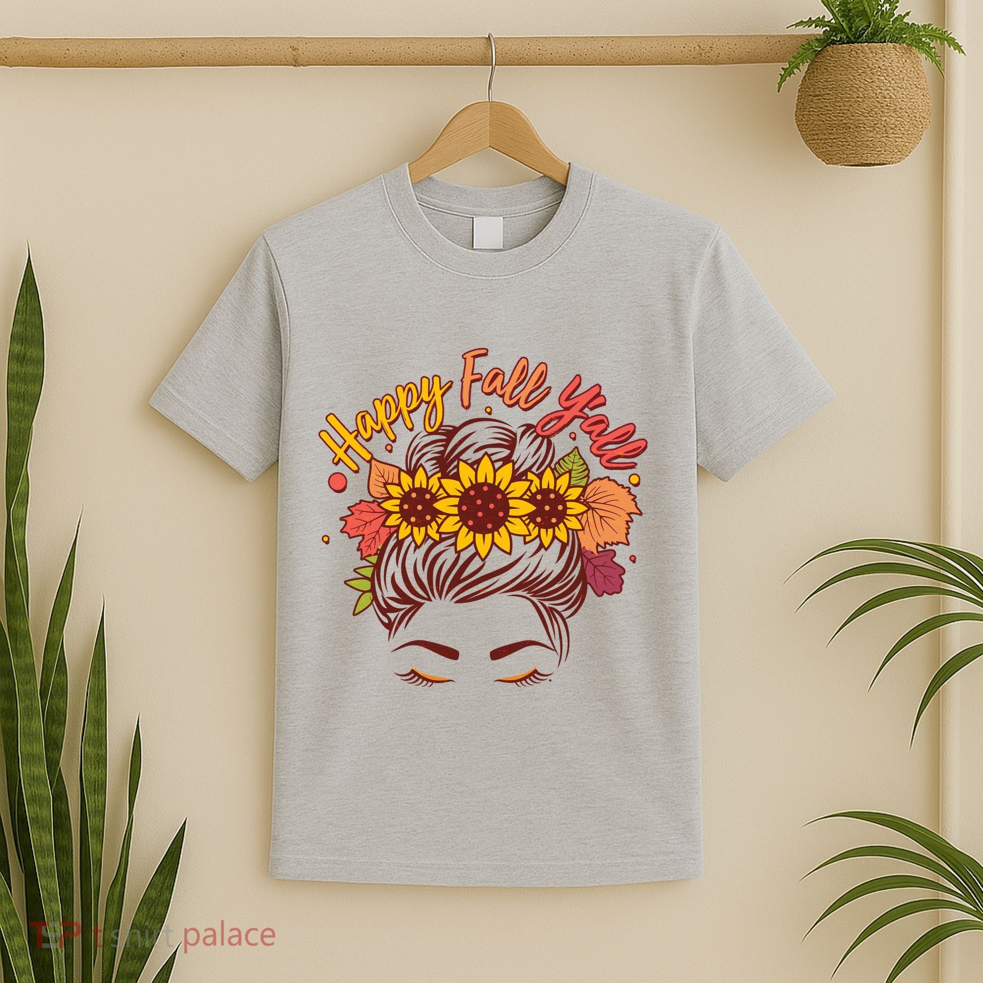 Cute Happy Fall Y'all Woman With Sunflower And Leaves Hair Bun T-Shirt