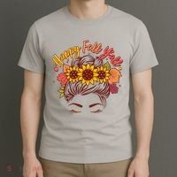 Cute Happy Fall Y'all Woman With Sunflower And Leaves Hair Bun T-Shirt thumb 3