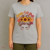 Cute Happy Fall Y'all Woman With Sunflower And Leaves Hair Bun T-Shirt thumb 4