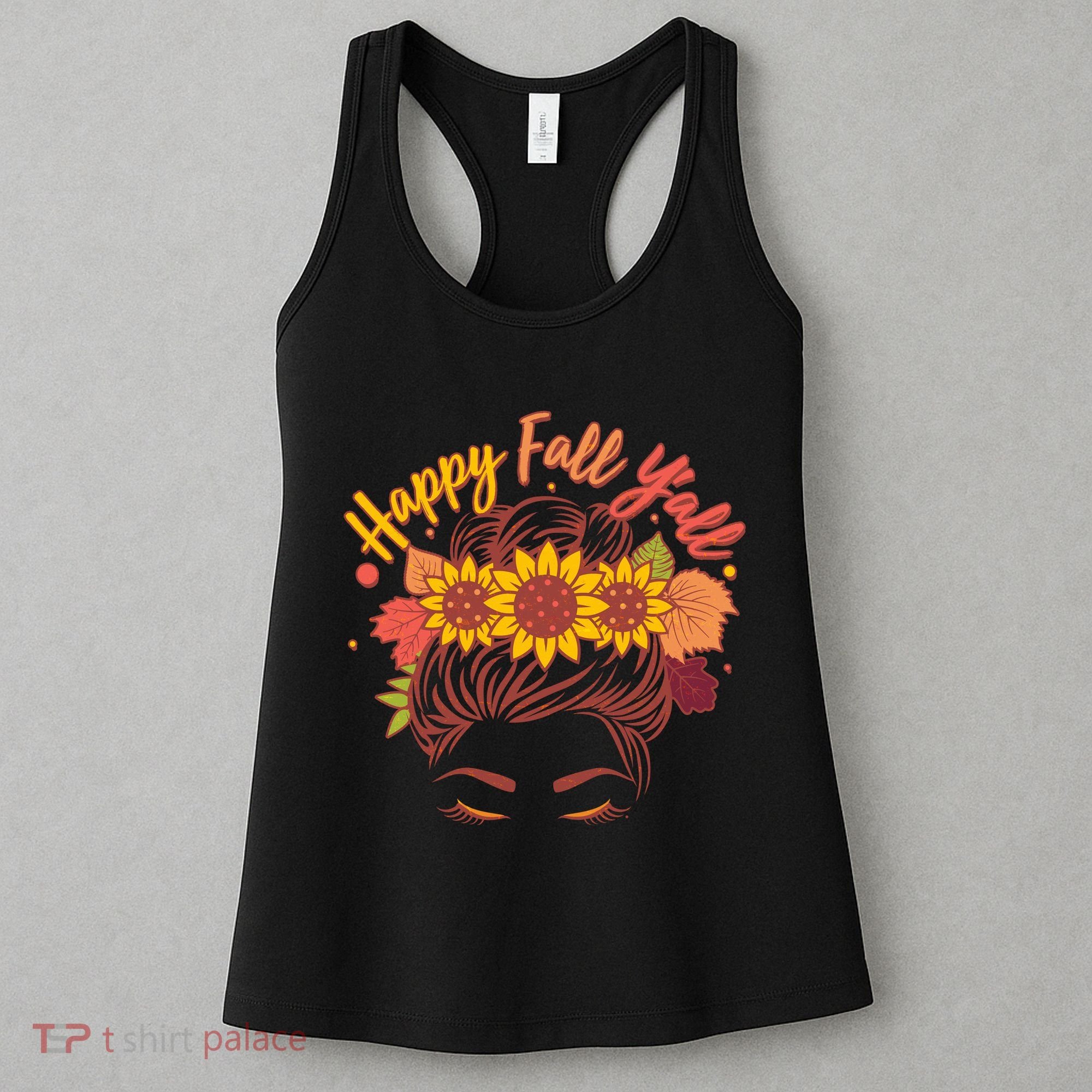 Cute Happy Fall Y'all Woman With Sunflower And Leaves Hair Bun Women's Tank Top