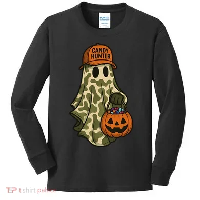 Camo Halloween Ghost Candy Hunter Kids Long Sleeve Shirt