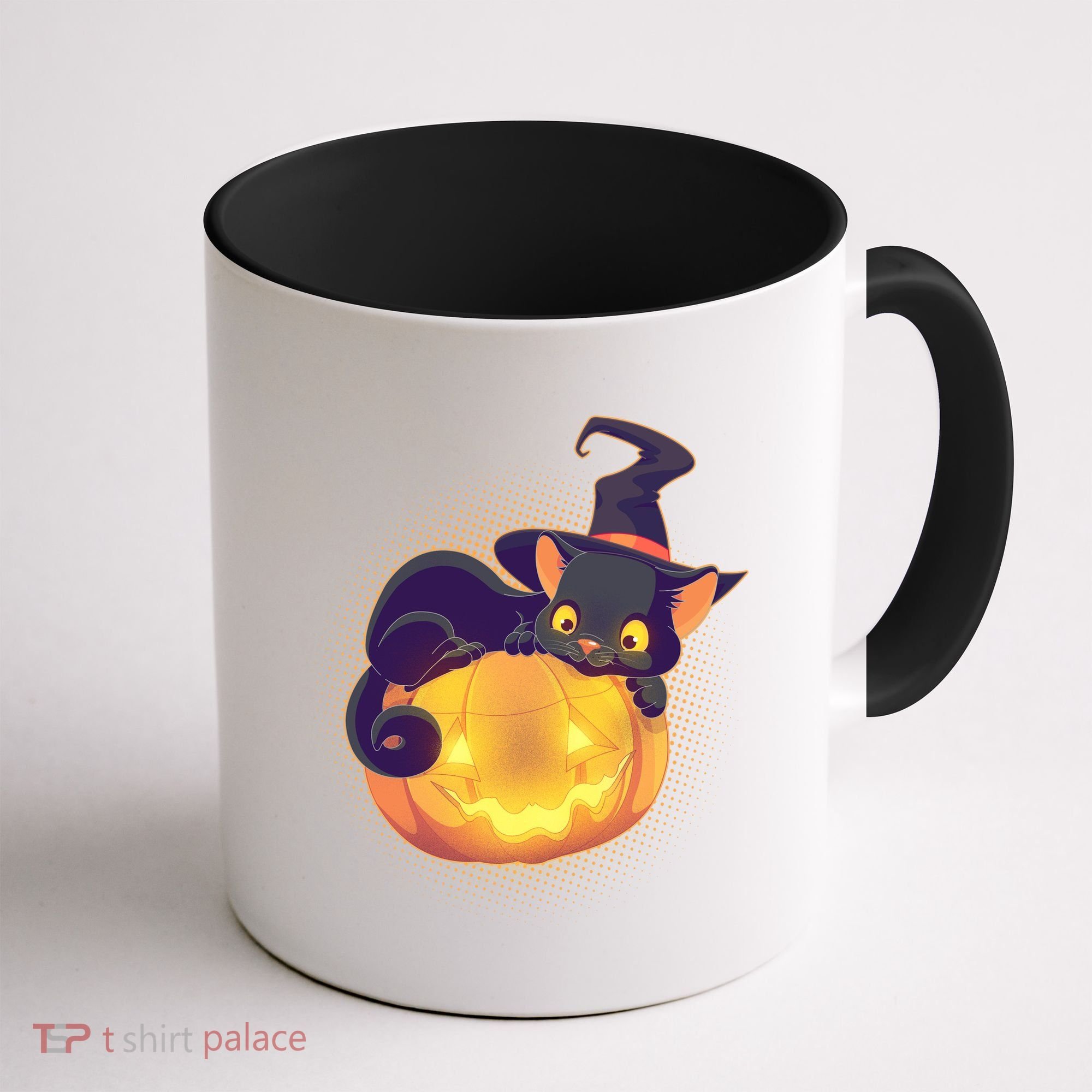 Cute Halloween Glowing Pumpkin Jackolantern Witch Cat Coffee Mug