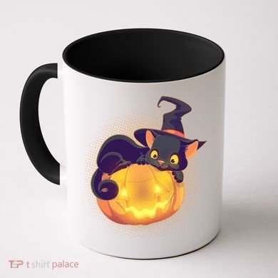 Cute Halloween Glowing Pumpkin Jackolantern Witch Cat Coffee Mug