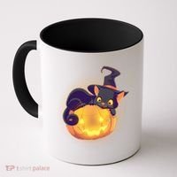 Cute Halloween Glowing Pumpkin Jackolantern Witch Cat Coffee Mug thumb 0