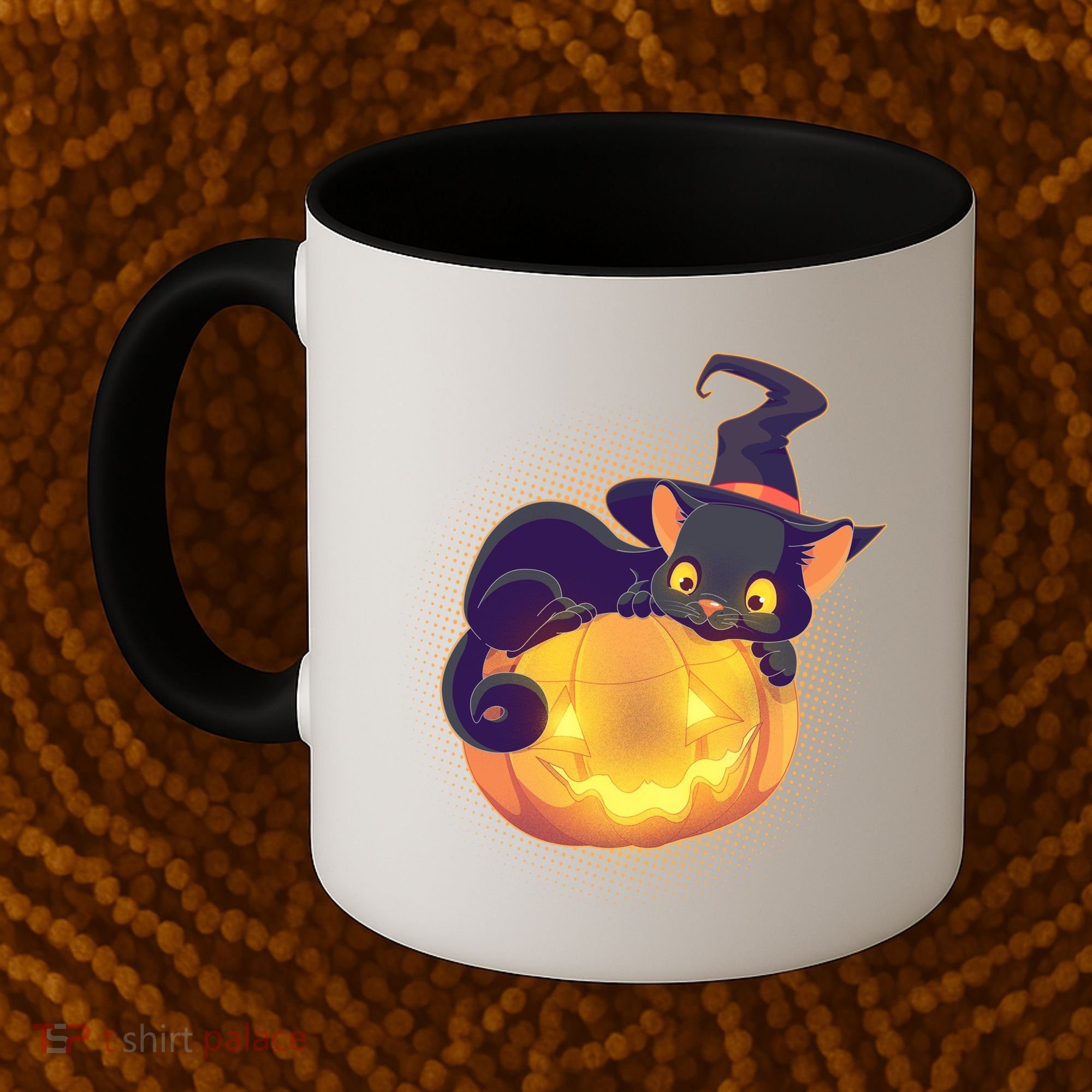 Cute Halloween Glowing Pumpkin Jackolantern Witch Cat Coffee Mug