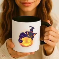 Cute Halloween Glowing Pumpkin Jackolantern Witch Cat Coffee Mug thumb 3