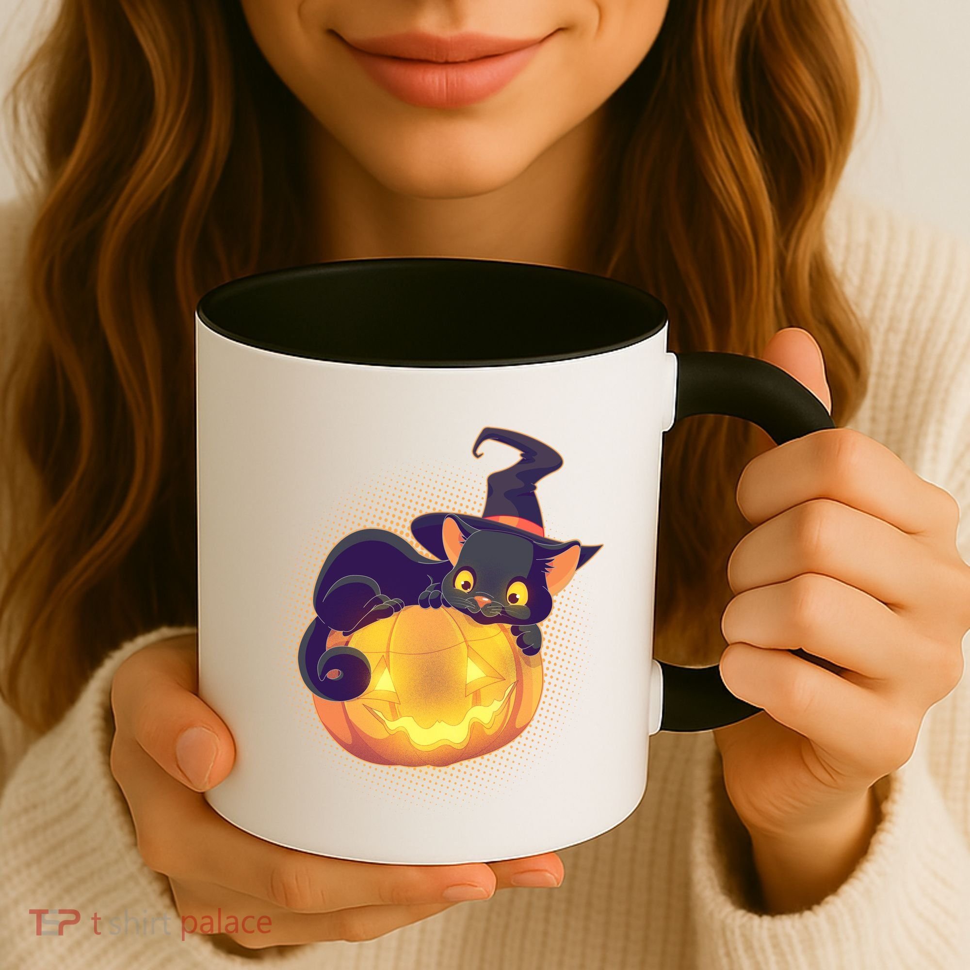 Cute Halloween Glowing Pumpkin Jackolantern Witch Cat Coffee Mug