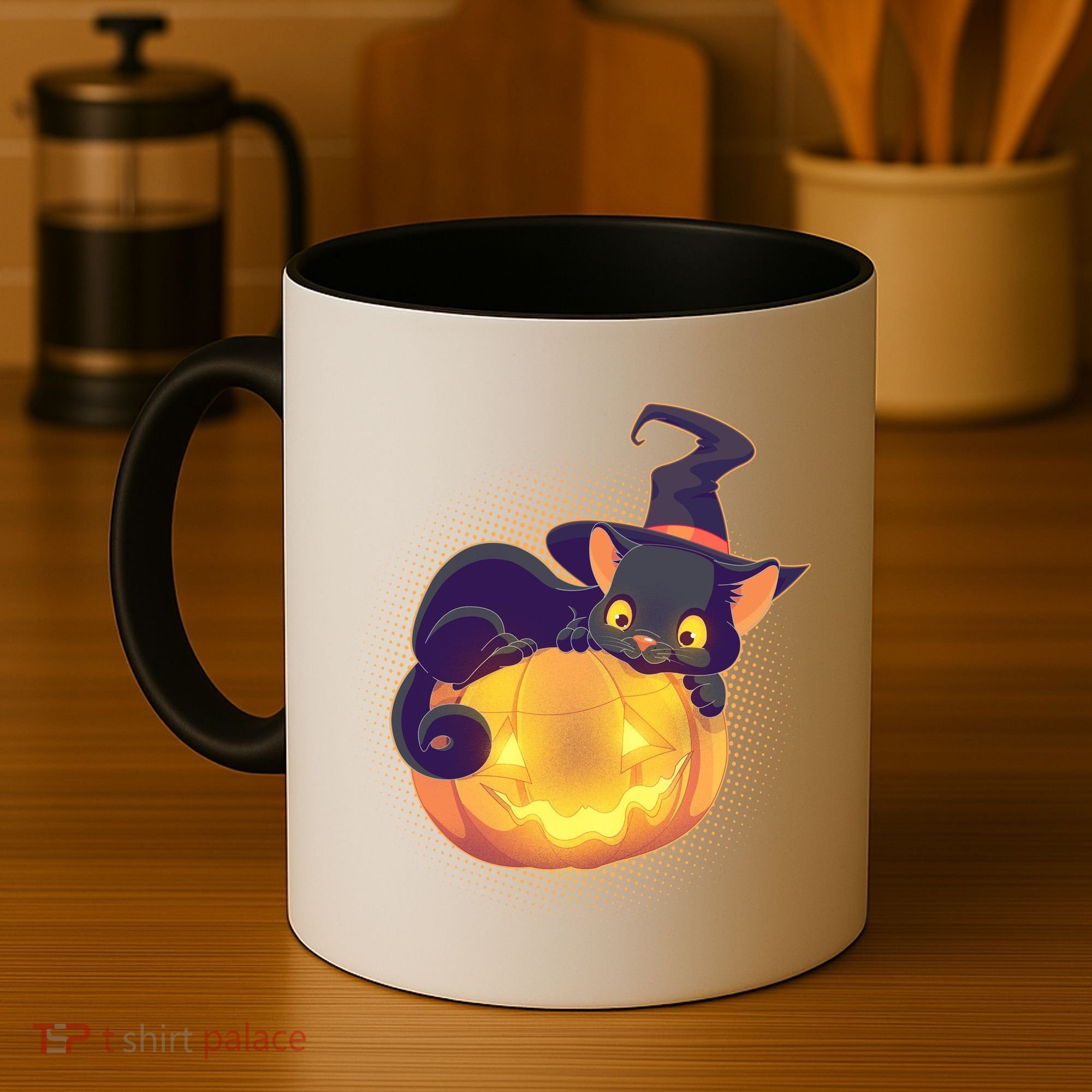Cute Halloween Glowing Pumpkin Jackolantern Witch Cat Coffee Mug