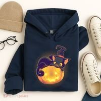 Cute Halloween Glowing Pumpkin Jackolantern Witch Cat Hoodie thumb 4