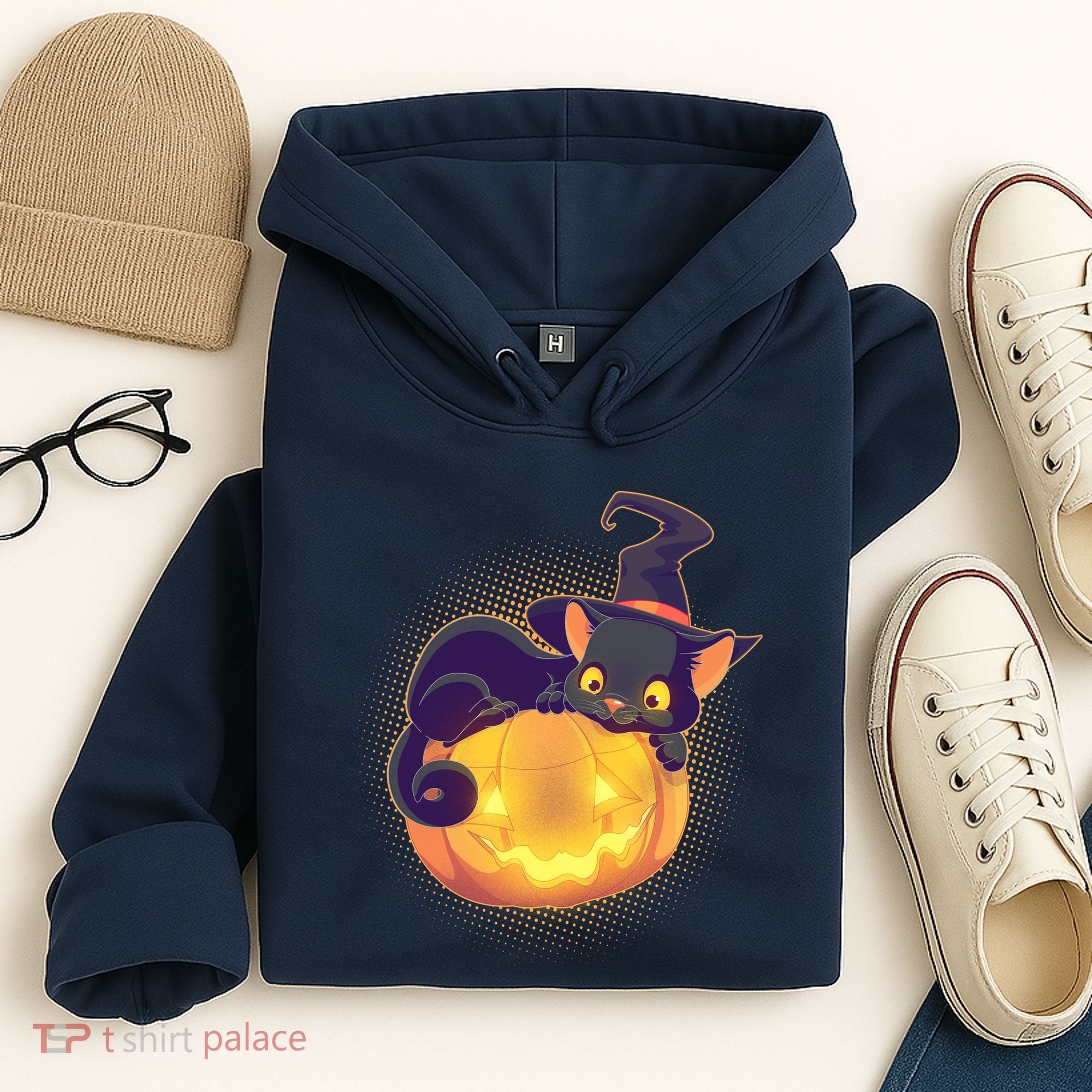 Cute Halloween Glowing Pumpkin Jackolantern Witch Cat Hoodie
