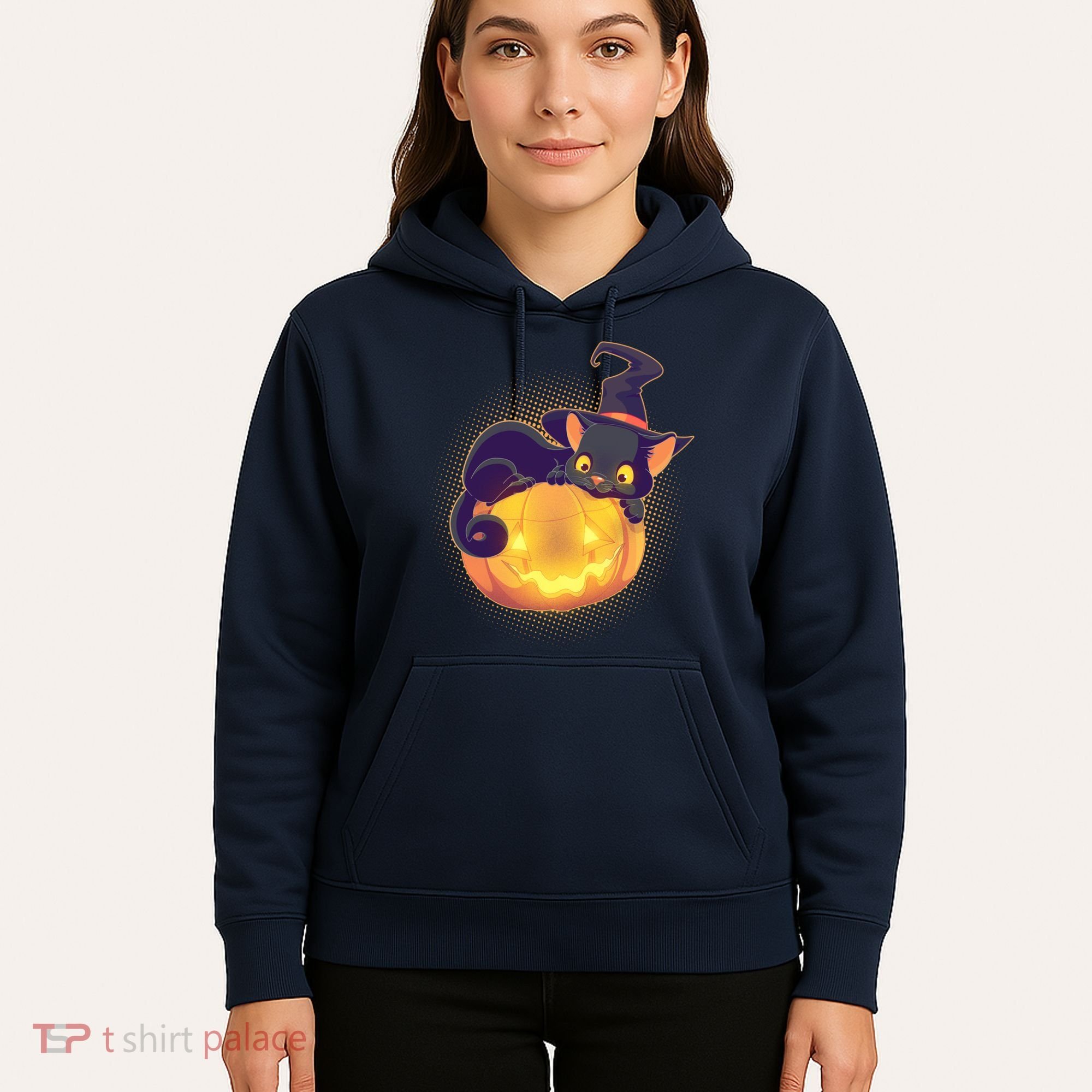 Cute Halloween Glowing Pumpkin Jackolantern Witch Cat Hoodie