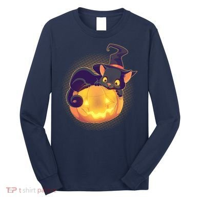Cute Halloween Glowing Pumpkin Jackolantern Witch Cat Long Sleeve Shirt