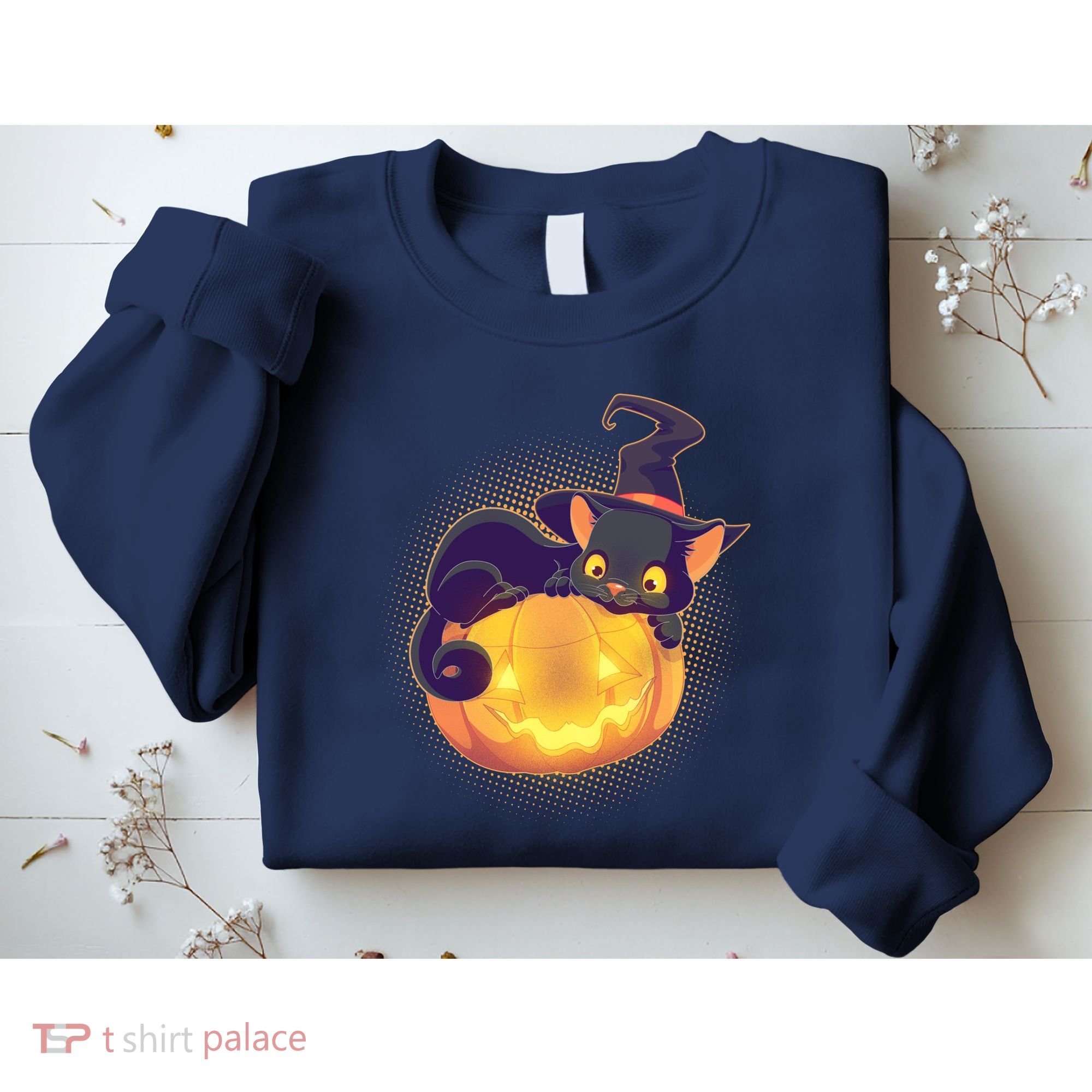 Cute Halloween Glowing Pumpkin Jackolantern Witch Cat Sweatshirt