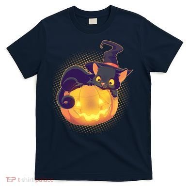 Cute Halloween Glowing Pumpkin Jackolantern Witch Cat T-Shirt