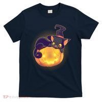 Cute Halloween Glowing Pumpkin Jackolantern Witch Cat T-Shirt thumb 0
