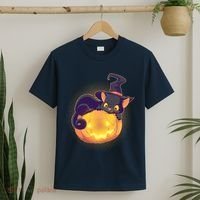 Cute Halloween Glowing Pumpkin Jackolantern Witch Cat T-Shirt thumb 2